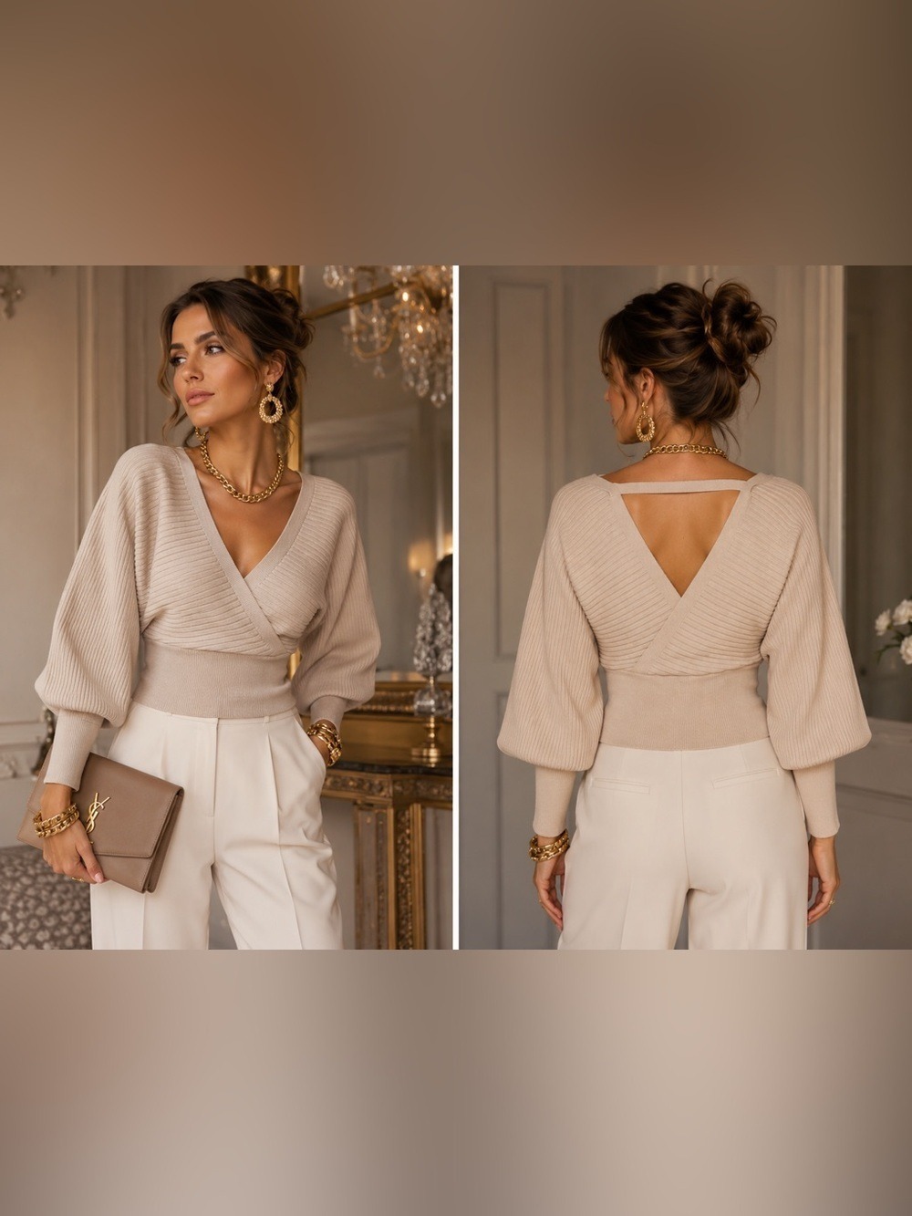 Apricot Bar Back Batwing Jumper ribbed sweater top in stone Sz XS